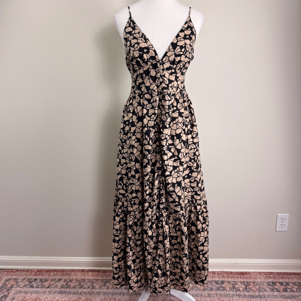 Abercrombie Fitch Linen Blend Maxi Dress Tan Black V-Neck Smocked Back Small
